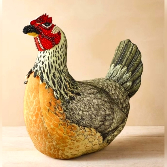 John Derian 🐓 Beaded Chicken Shape Embellished Pillow Decor Fall Collectible